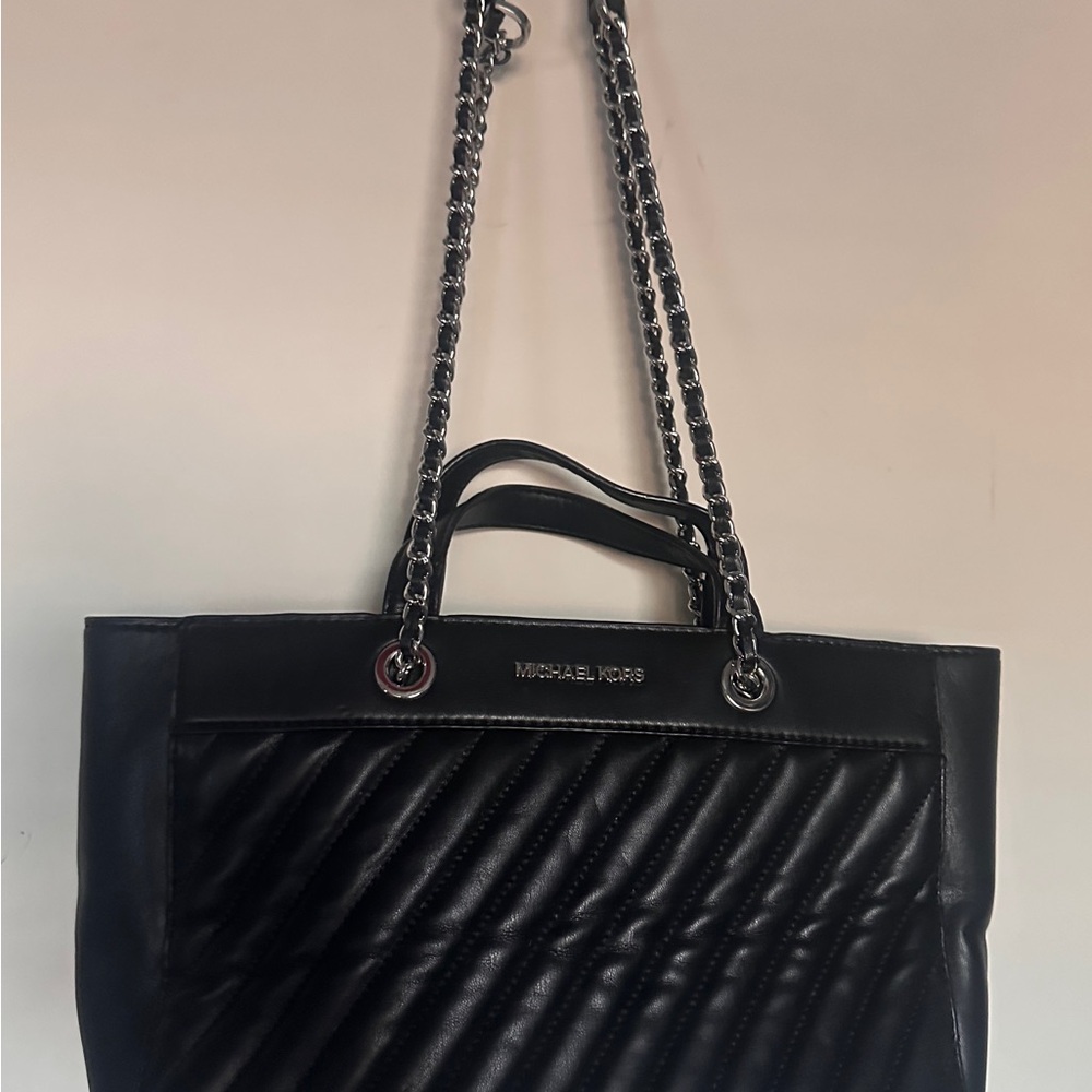 Michael Kors Black Quilted Leather Tote with Chain Handles